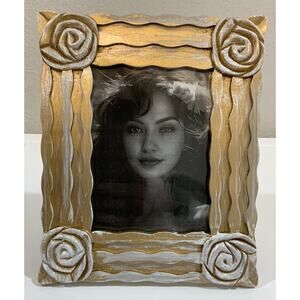 Vtg Gold White Dry Brush Rose Floral Swirl Design Photo Picture Frame 3.5” X 5”
